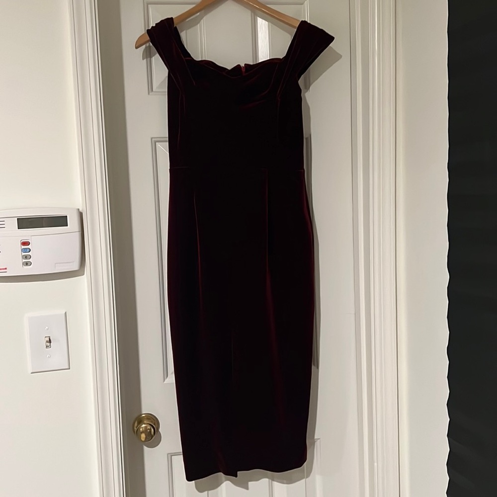 Nicholas Off The Shoulder Burgundy Velvet Midi Dress